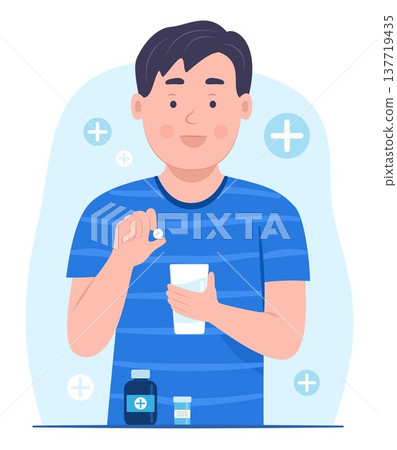 Teenager Boy Takes a Medicine Pill Tablet for Healthcare and Medical Concept Illustration Clip Art Teenager Boy Takes a Medicine Pill Tablet for Healthcare and Medical Concept Illustration Clip Art 137719435