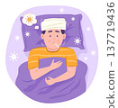 Sick Boy Kid Taking Temperature by Thermometer while Lying in Bed for Fever Concept Illustration Clip Art 137719436