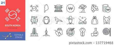South Korea Icons Vector Set - Korean National Symbols, Landmarks and Cultural Elements. Isolated Linear Signs of Korean Food, Soju, Heritage, Cuisine, Nature, Currency, and Tradition in South Korea. 137719468