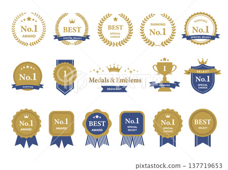 A set of medals and emblems for ranking awards, available in gold and navy blue. 137719653