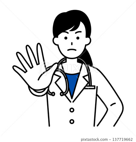 The female doctor extends her right hand to stop him. The female doctor extends her right hand to stop him. 137719662