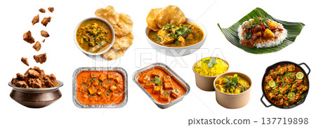 Collection of curry stew sauce gravy, spicy meat fish seafood vegetable, banana leaf, with Papad, cooking pot, takeout bowl box, foil tray, skillet pan, transparent cutout PNG Mockup Collection of curry stew sauce gravy, spicy meat fish seafood vegetable, banana leaf, with Papad, cooking pot, takeout bowl box, foil tray, skillet pan, transparent cutout PNG Mockup 137719898
