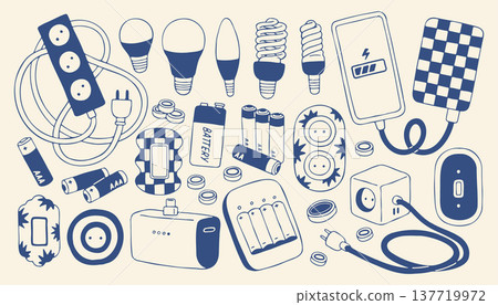 Blue hand drawn vector set of electricity equipment including light bulbs batteries and power sockets. Collection of energy supply icons and charging gadgets in a minimalist Mediterranean style Blue hand drawn vector set of electricity equipment including light bulbs batteries and power sockets. Collection of energy supply icons and charging gadgets in a minimalist Mediterranean style 137719972