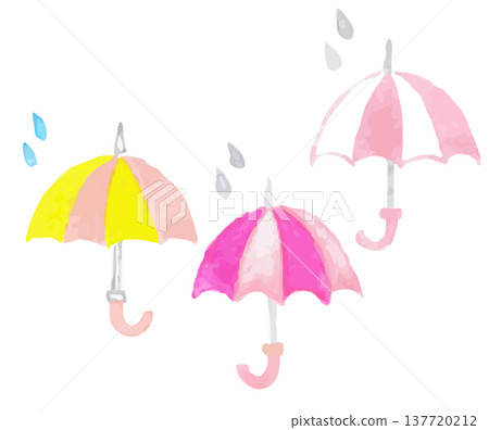 色彩繽紛的雨傘和雨水水彩插畫 | 雨季雨具 137720212