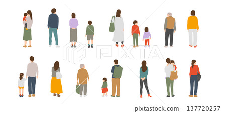 從背後看的人物插畫；描繪人們在日常生活中的姿態和舉止。 137720257