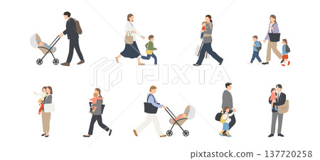 一組描繪上班族父母帶著孩子通勤的插圖。 一組描繪上班族父母帶著孩子通勤的插圖。 137720258