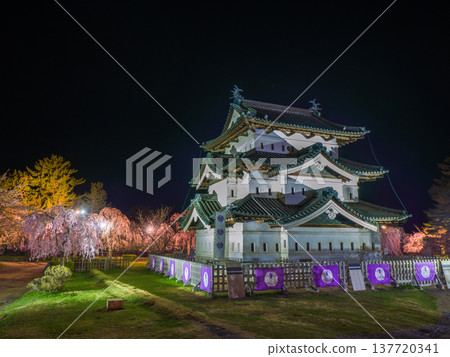 夜幕降臨，城堡天房燈火通明，周圍空無一人，櫻花在夜色中盛開（青森縣弘前市） 137720341