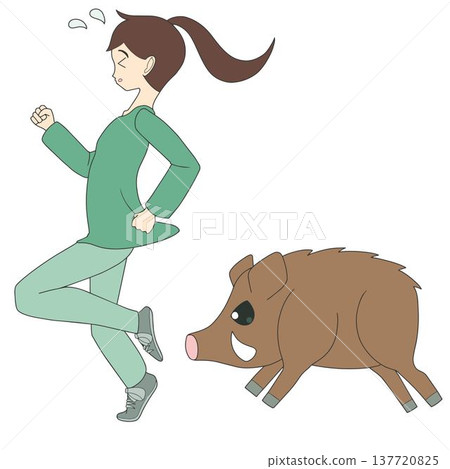 A wild boar charges forward, and a woman panics: a life-or-death situation. 137720825