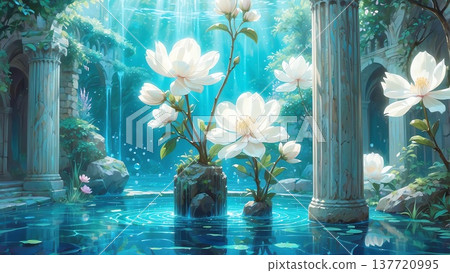 Game background: The hall of the underwater temple where beautiful legendary flowers bloom. Game background: The hall of the underwater temple where beautiful legendary flowers bloom. 137720995