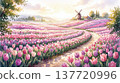 A watercolor-style illustration of a tulip field illuminated by the setting sun. 137720996