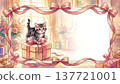 A frame design featuring a kitten playing on a present. 137721001