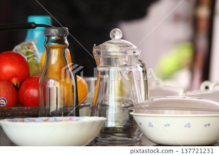 Empty Color Glass Bottle on the table Empty Color Glass Bottle on the table 137721231