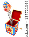 Jack in the box jumping out from a colorful box isolated on white background - 3d illustration 137721344