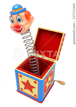 Jack in the box jumping out from a colorful box isolated on white background - 3d illustration Jack in the box jumping out from a colorful box isolated on white background - 3d illustration 137721344