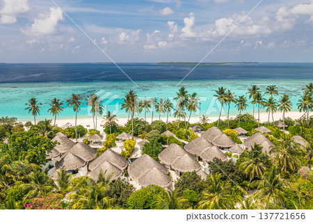 Breathtaking Maldives aerial tropical beach panorama with luxury overwater villas, turquoise ocean, white sandy shoreline lined with swaying palm trees, serene idyllic nature background 137721656