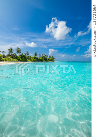 Idyllic tropical beach with pristine lagoon and turquoise ocean, golden sunshine bathing soft white sand, serene summer vacation vibes, exotic paradise escape Idyllic tropical beach with pristine lagoon and turquoise ocean, golden sunshine bathing soft white sand, serene summer vacation vibes, exotic paradise escape 137721664