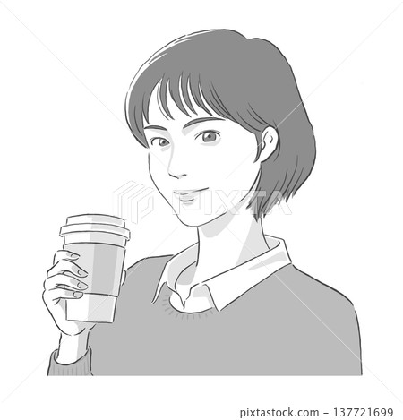 一幅單色插圖,描繪了一位留著波波頭的女士手捧一杯咖啡。 一幅單色插圖,描繪了一位留著波波頭的女士手捧一杯咖啡。 137721699