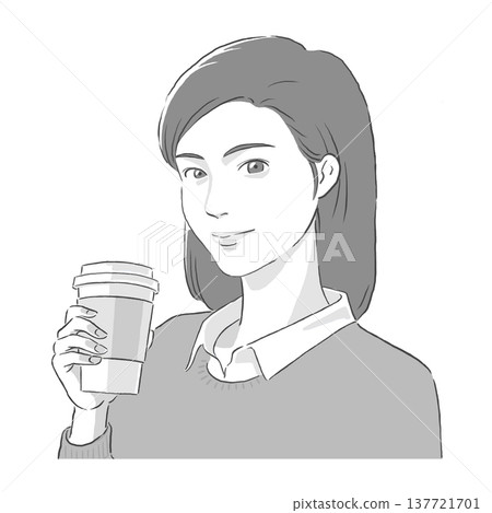 一幅單色插圖，描繪了一位留著及肩長髮的女子手捧一杯咖啡。 137721701