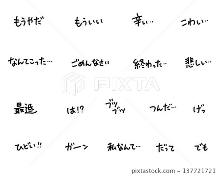 A set of loosely handwritten negative Japanese words in monochrome: depressed, sad, shocked, sorry. 137721721