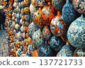 Colorful ceramic ornaments displayed on wall in artisan market 137721733