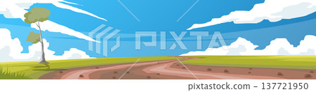 Horizontal or landscape view of winding dirt path amidst vast lush green meadows. Single tree towering majestically in the open space. Under clear sky and white clouds. for banner background. 137721950