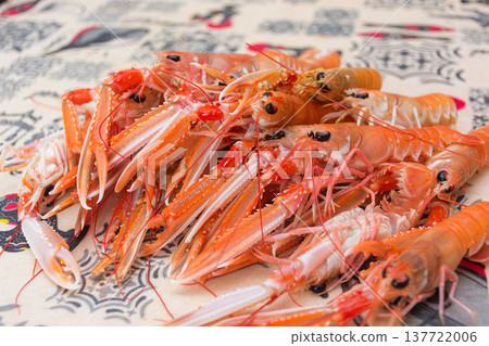 Detail of fresh langoustines with their claws and antennae, prepared for a high-quality seafood recipe 137722006