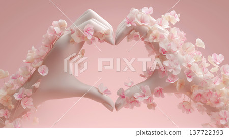 一張浪漫的圖片，用花瓣包裹著雙手擺成的心形。 137722393