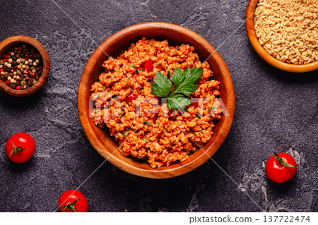 Vegan plant based meat, soybean mince, ready to eat. Vegan plant based meat, soybean mince, ready to eat. 137722474
