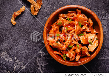 Vegan plant based meat, soybean meat in tomato sauce. Vegan plant based meat, soybean meat in tomato sauce. 137722512