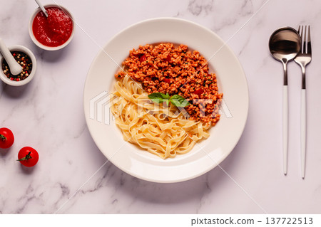 Vegan Bolognese Pasta with plant based minced meat. 137722513
