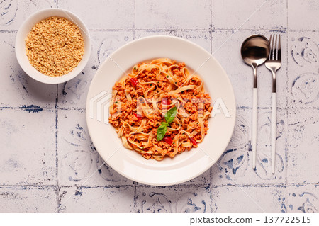 Vegan Bolognese Pasta with plant based minced meat. Vegan Bolognese Pasta with plant based minced meat. 137722515