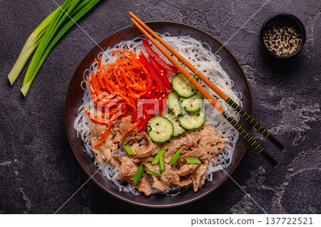 Bowl of rice noodles with vegan soy meat and vegetables. 137722521