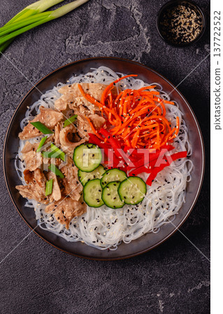 Bowl of rice noodles with vegan soy meat and vegetables. Bowl of rice noodles with vegan soy meat and vegetables. 137722522