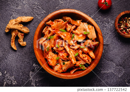Vegan plant based meat, soybean meat in tomato sauce. 137722542