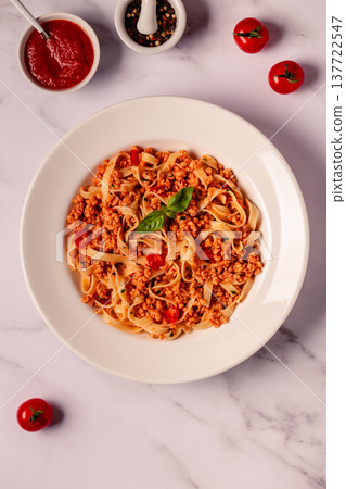 Vegan Bolognese Pasta with plant based minced meat. Vegan Bolognese Pasta with plant based minced meat. 137722547