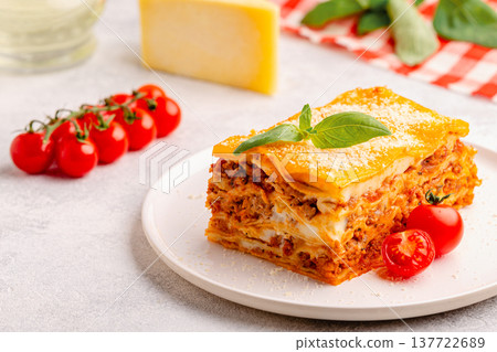 Traditional lasagna with bolognese sauce Traditional lasagna with bolognese sauce 137722689