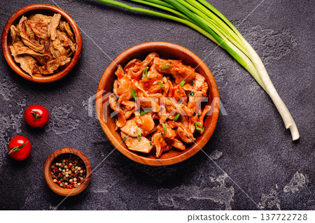 Vegan plant based meat, soybean meat in tomato sauce. Vegan plant based meat, soybean meat in tomato sauce. 137722728