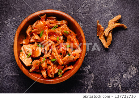 Vegan plant based meat, soybean meat in tomato sauce. Vegan plant based meat, soybean meat in tomato sauce. 137722730