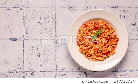 Vegan Bolognese Pasta with plant based minced meat. 137722734