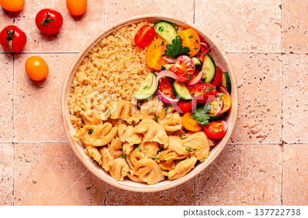 Bowl of quinoa with vegan soy meat and vegetables. Bowl of quinoa with vegan soy meat and vegetables. 137722738