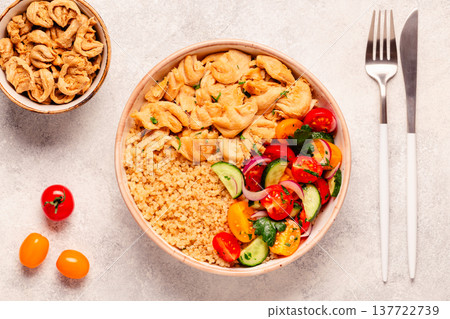 Bowl of quinoa with vegan soy meat and vegetables. Bowl of quinoa with vegan soy meat and vegetables. 137722739