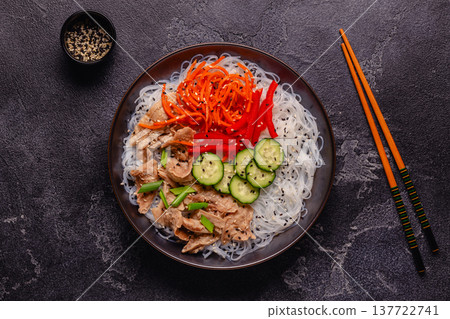 Bowl of rice noodles with vegan soy meat and vegetables. Bowl of rice noodles with vegan soy meat and vegetables. 137722741