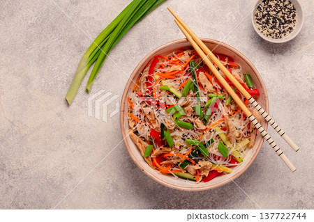 Bowl of rice noodles with vegan soy meat and vegetables. 137722744