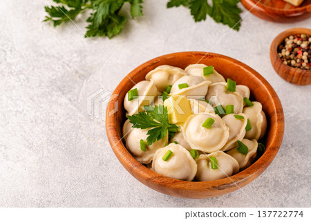 Homemade meat dumplings - russian pelmeni. Homemade meat dumplings - russian pelmeni. 137722774