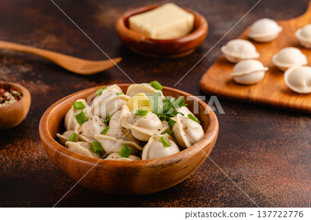 Homemade meat dumplings - russian pelmeni. Homemade meat dumplings - russian pelmeni. 137722776