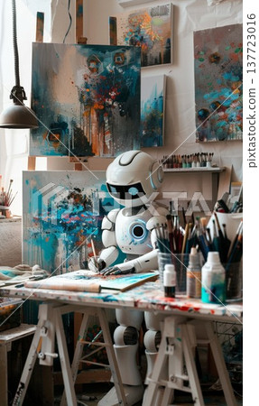 cute vintage robot painting picture in artistic studio, funny robotic cyborg artist drawing artwork on canvas, artificial intelligence concept 137723016