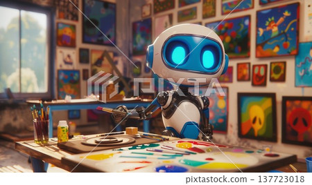 cute vintage robot painting picture in artistic studio, funny robotic cyborg artist drawing artwork on canvas, artificial intelligence concept 137723018