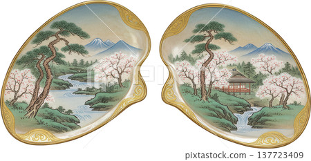 A traditional decorative plate depicting a Japanese spring scene with cherry blossoms and Mount Fuji. 137723409