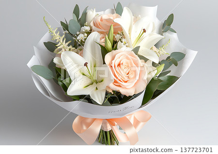 Beautiful Flower Bouquet with Lilies and Roses Wrapped in Elegant Paper Beautiful Flower Bouquet with Lilies and Roses Wrapped in Elegant Paper 137723701