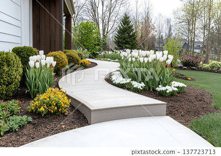 Beautifully Curved Walkway Surrounded by Colorful Flowers and Lush Greenery in Spring Beautifully Curved Walkway Surrounded by Colorful Flowers and Lush Greenery in Spring 137723713